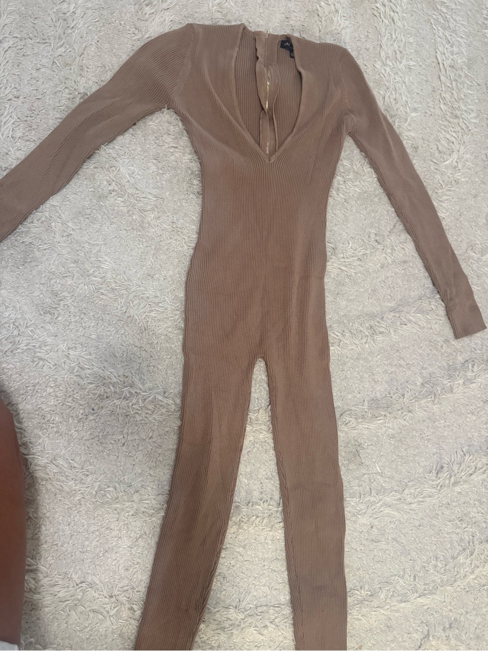 naked wardrobe Ribbed Deep-V Long-Sleeve Jumpsuit in Taupe